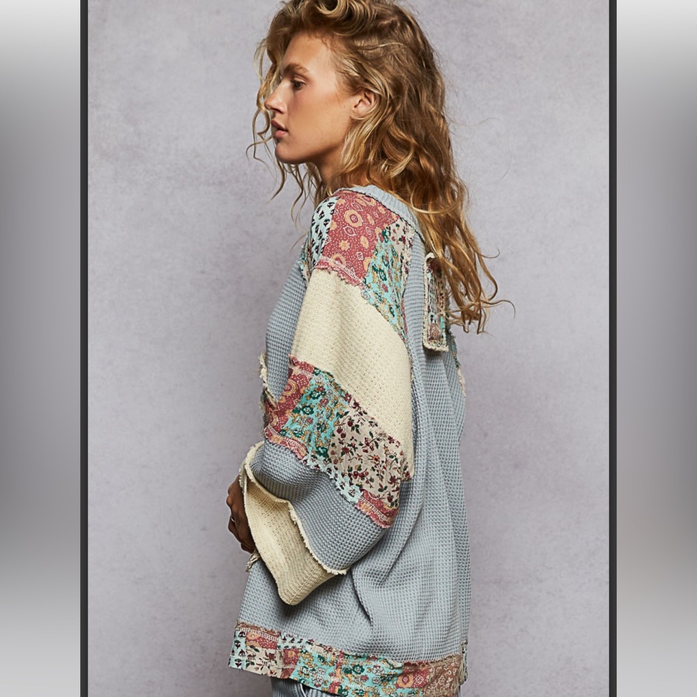POL Patchwork Peace Sign Waffle Knit Sweater in Light Blue, Cream, Pink - Picture 2 of 3